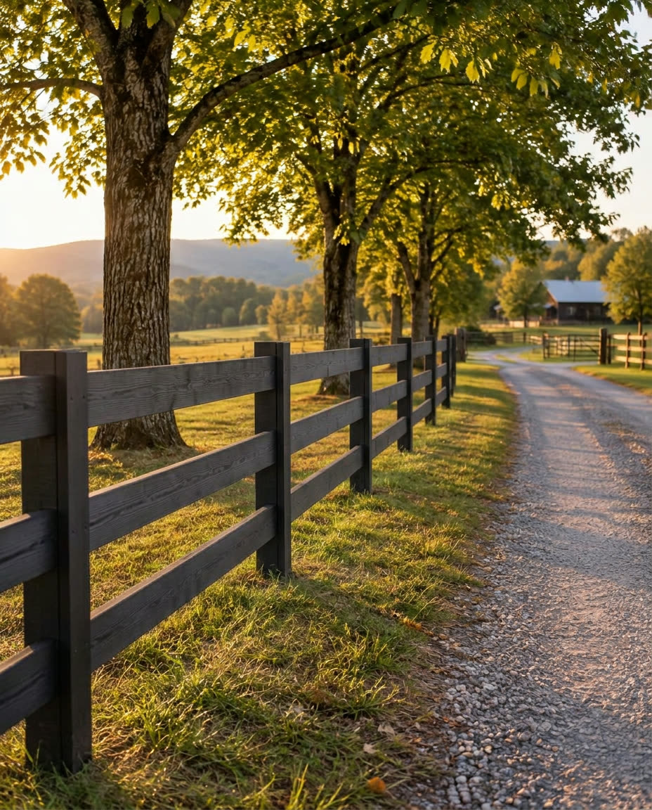 3 Rail wood farm fence